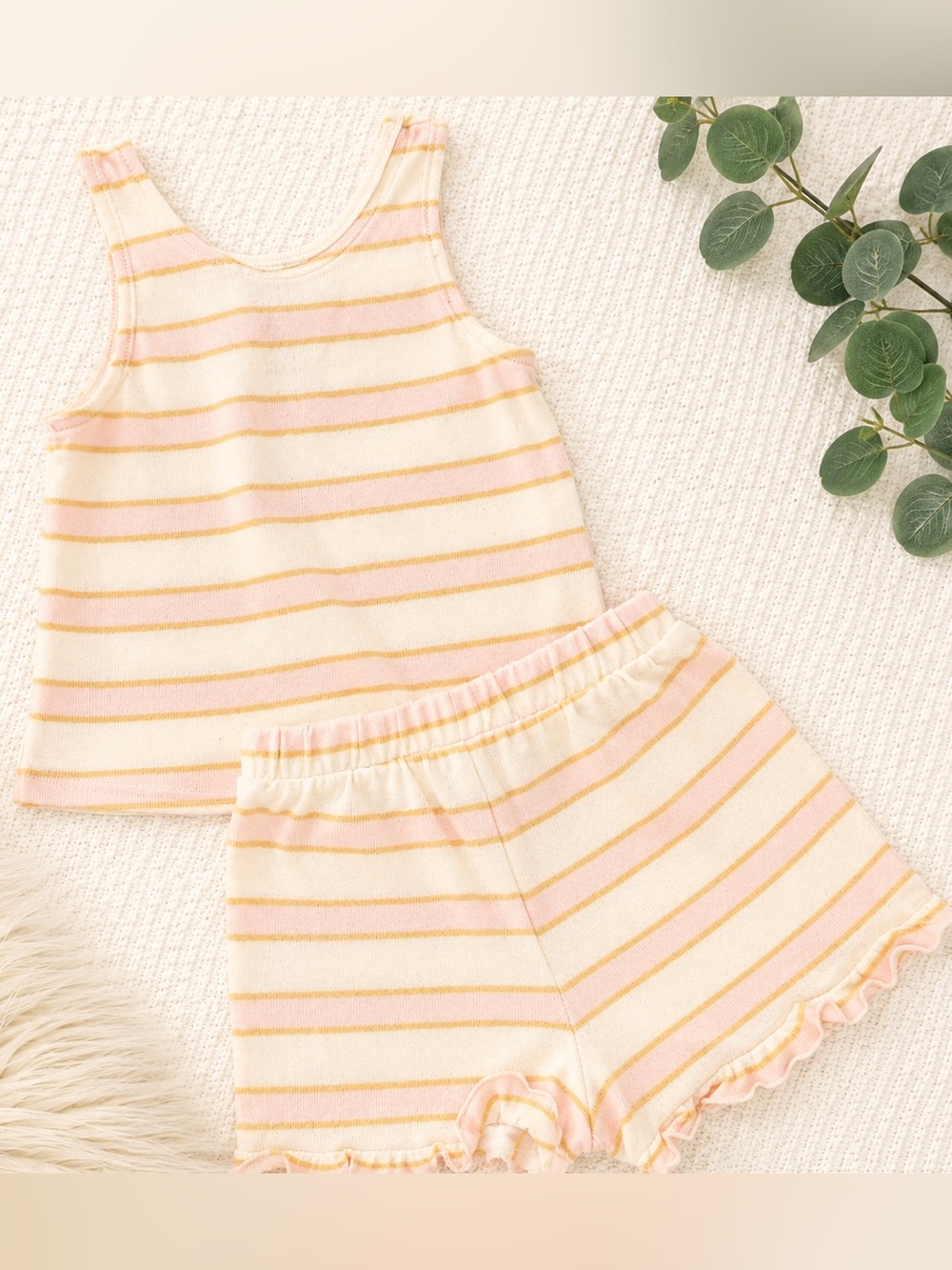 Easy Peasy Girls 2Pc Lounge Set 4T Pink Yellow Stripe Tank & Ruffle Shorts - Picture 4 of 6